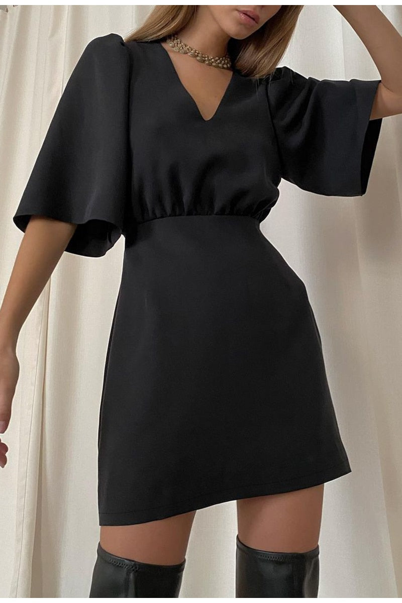 black short sleeve summer women dress 2022 Sexy V-neck solid High Street dress A-line mini Vestido - MERGE.DAY.1.FREESTYLE