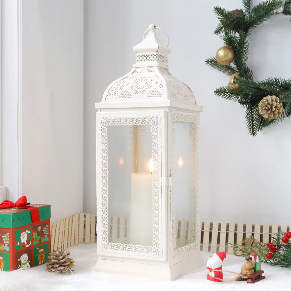 Rustic Style White Metal Candle Lantern Large Decorative Candlestick Holder with Tempered Glass for Home Decor - MERGE.DAY.1.FREESTYLE