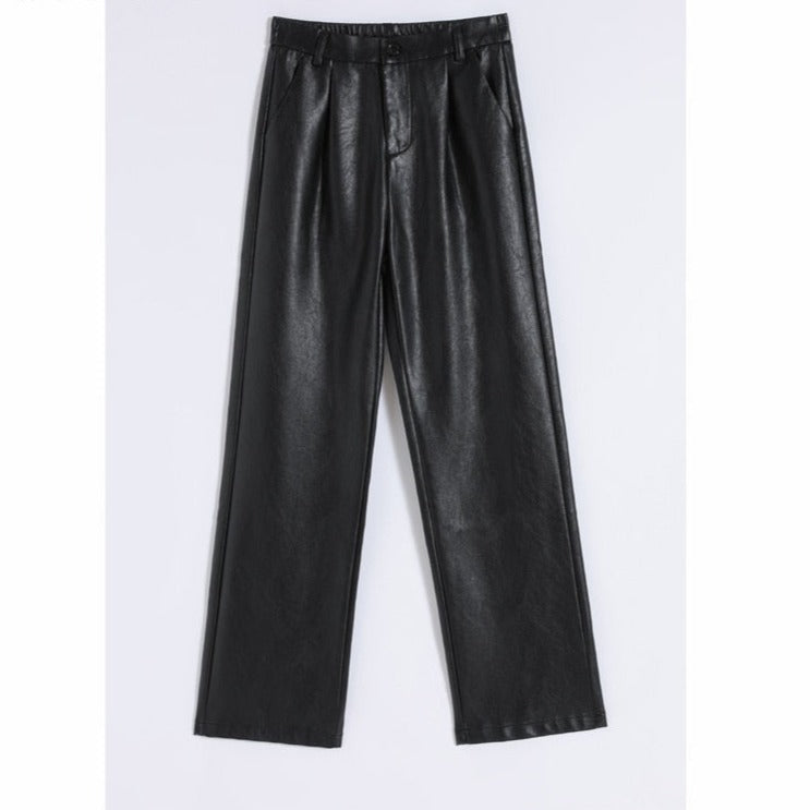 Loose PU Leather Pants Ladies High Waist Straight Faux Leather Trousers - MERGE.DAY.1.FREESTYLE