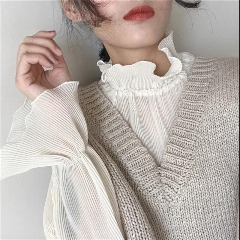 Chiffon Shirts Retro Elegant Ruffled Collar Lace Bottoming Shirt Women Lantern Sleeve Tops - MERGE.DAY.1.FREESTYLE