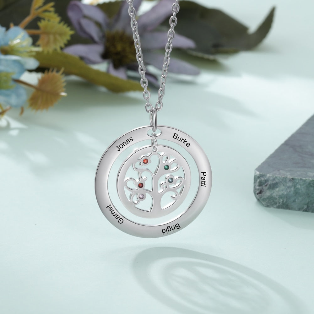 Tree of Life Name Necklace with Birthstone Name Engraved Pendant Family - MERGE.DAY.1.FREESTYLE