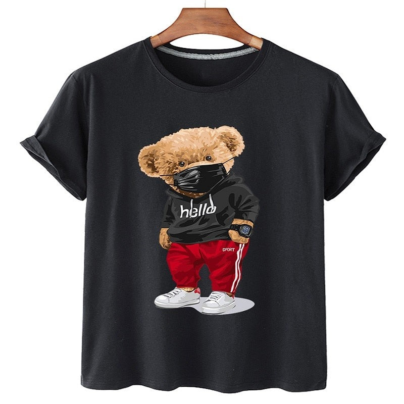 100% Cotton Sports Mask Bear Print Short-sleeved T-shirt Female Half-sleeved Casual Oversized T-shirt - MERGE.DAY.1.FREESTYLE