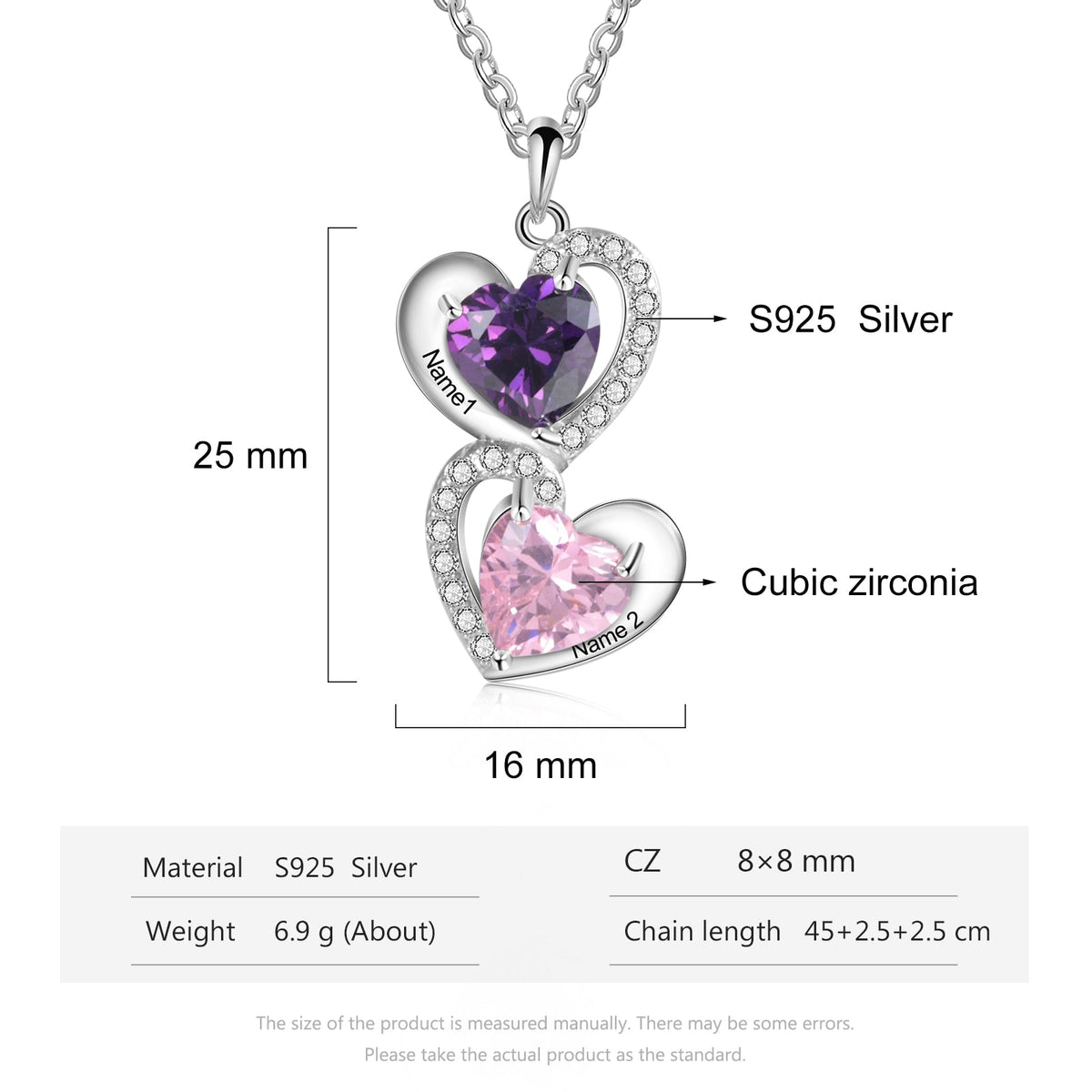 925 Sterling Silver Heart Necklace with 2 Birthstone Cubic Zirconia Custom Name Pendant - MERGE.DAY.1.FREESTYLE