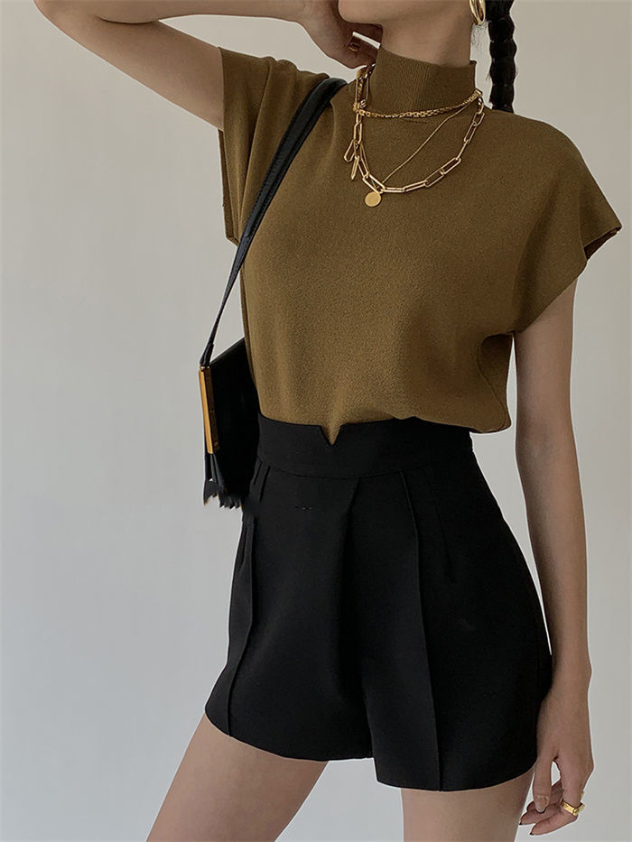 French Turtleneck Knitted Women Spring Summer Design Loose Short Sleeve Cropped Tops Female - MERGE.DAY.1.FREESTYLE