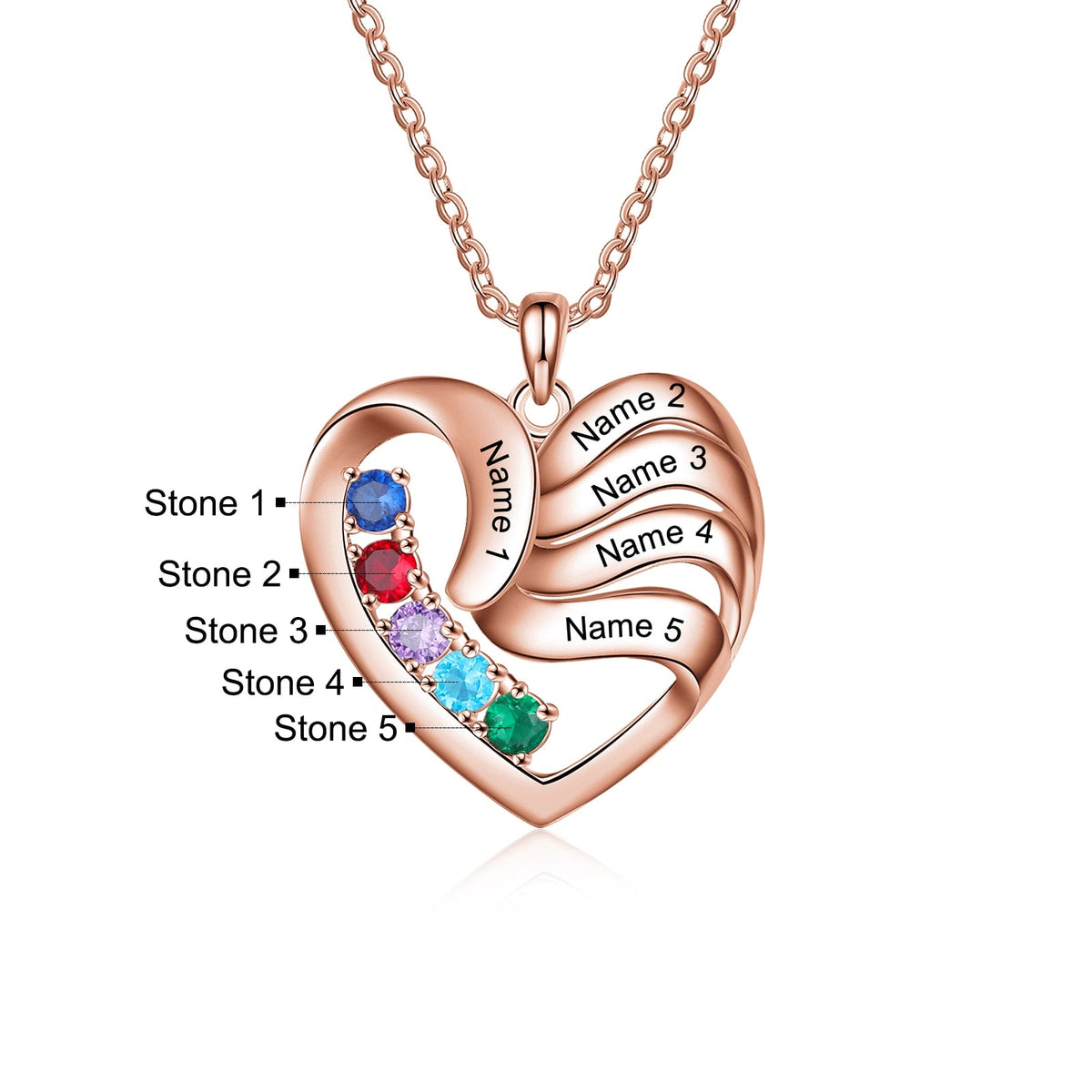 2-5 Names Customized Birthstone Fashion Memorial Heart Necklace - MERGE.DAY.1.FREESTYLE