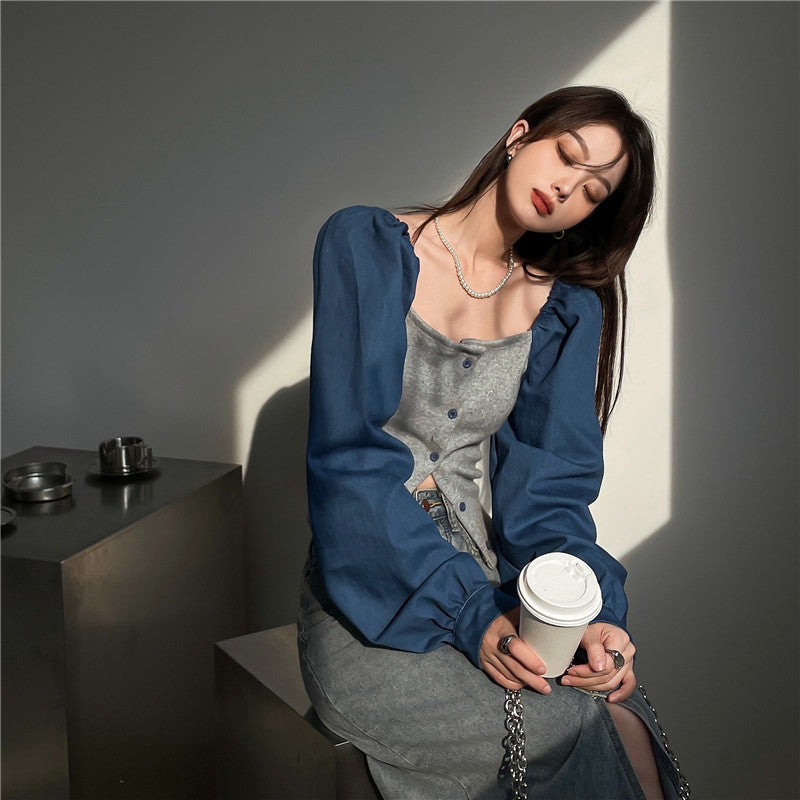 Patchwork Denim Shirts Women French Square Collar Puff Blouses Long Sleeve Crop Tops - MERGE.DAY.1.FREESTYLE