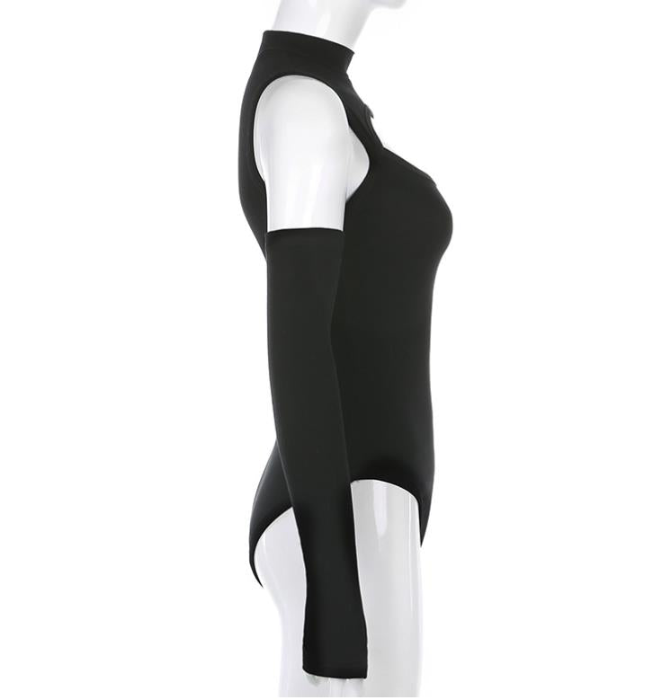 Women’s Long-sleeved Bodysuit Solid Color Hollow Off-shoulder Half High Collar Jumpsuit - MERGE.DAY.1.FREESTYLE
