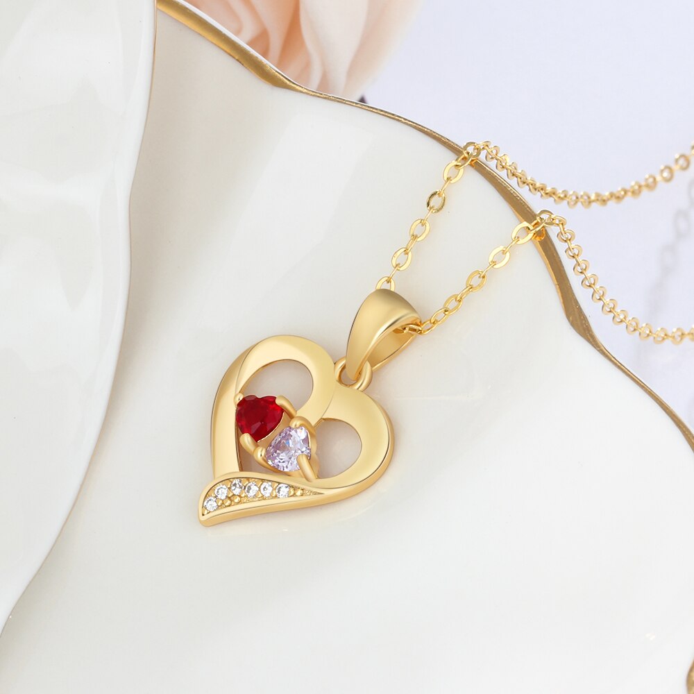 925 Sterling Silver Name Necklace with 2 Birthstones Custom Engraved Heart Pendant - MERGE.DAY.1.FREESTYLE