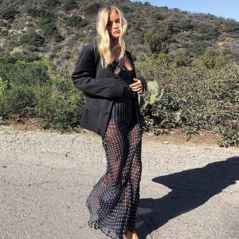 Sleeveless Zip Up Bandage Point Print Mesh See-Through Maxi Dress Sexy Clothings - MERGE.DAY.1.FREESTYLE