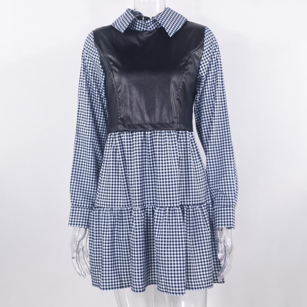 Long Sleeve Mini Shirt Dress For Women White 2022 Spring PU Leather Patchwork Plaid Dresses - MERGE.DAY.1.FREESTYLE