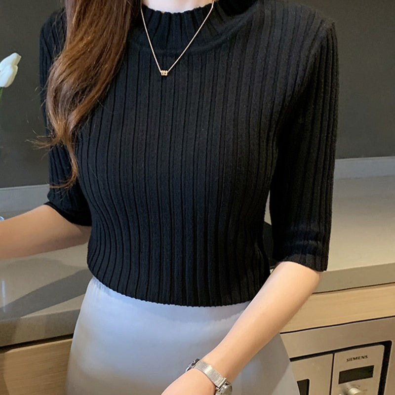 Knitted T Shirt Women Short Sleeve Basic Woman T-shirt Femme Elasticity Poleras - MERGE.DAY.1.FREESTYLE