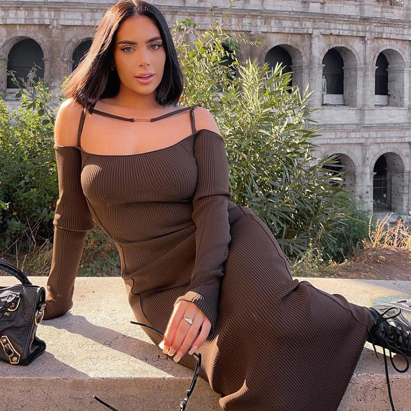 ibbed Solid Slash Neck Slip Long Sleeves Bodycon Mini Dress Streetwear Y2K - MERGE.DAY.1.FREESTYLE