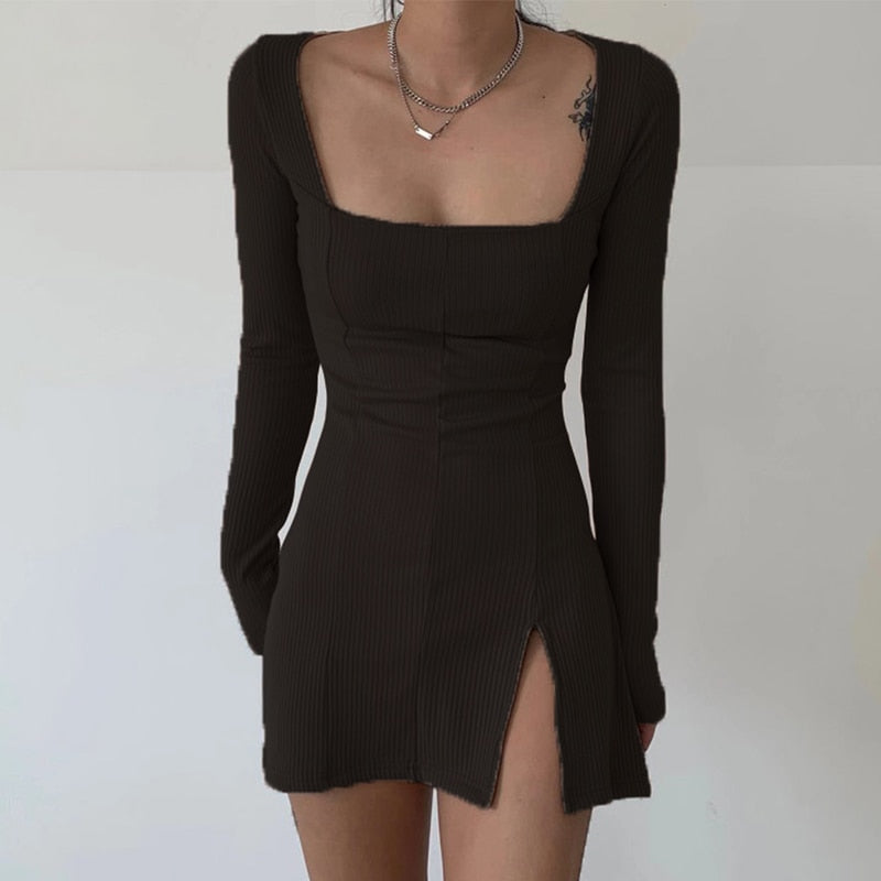 Square Neck Ribbed Black Dress Female Knitted Side Split Bodycon Dress Long Sleeve Mini Dresses - MERGE.DAY.1.FREESTYLE