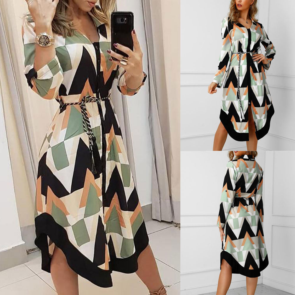 Spring Summer Lady Cover Up Women's Shirt Dress Wave Print Long Sleeve V-Neck Casual Dress Plus Size - MERGE.DAY.1.FREESTYLE