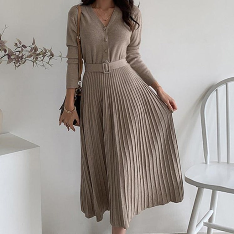 V-neck Single-breasted Women Thicken Sweater Dress Knitted Belted Female A-line soft dresses - MERGE.DAY.1.FREESTYLE
