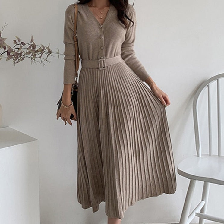 Single-breasted Women Sweater Dress Knitted Belted Female A-line soft dresses - MERGE.DAY.1.FREESTYLE