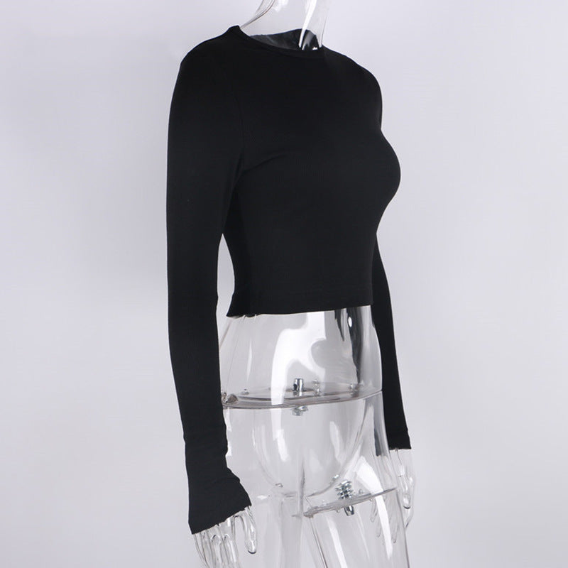 O Neck Long Sleeve Shirt Women Ribbed Sexy Cropped Tops Casual Skinny T Shirts White - MERGE.DAY.1.FREESTYLE