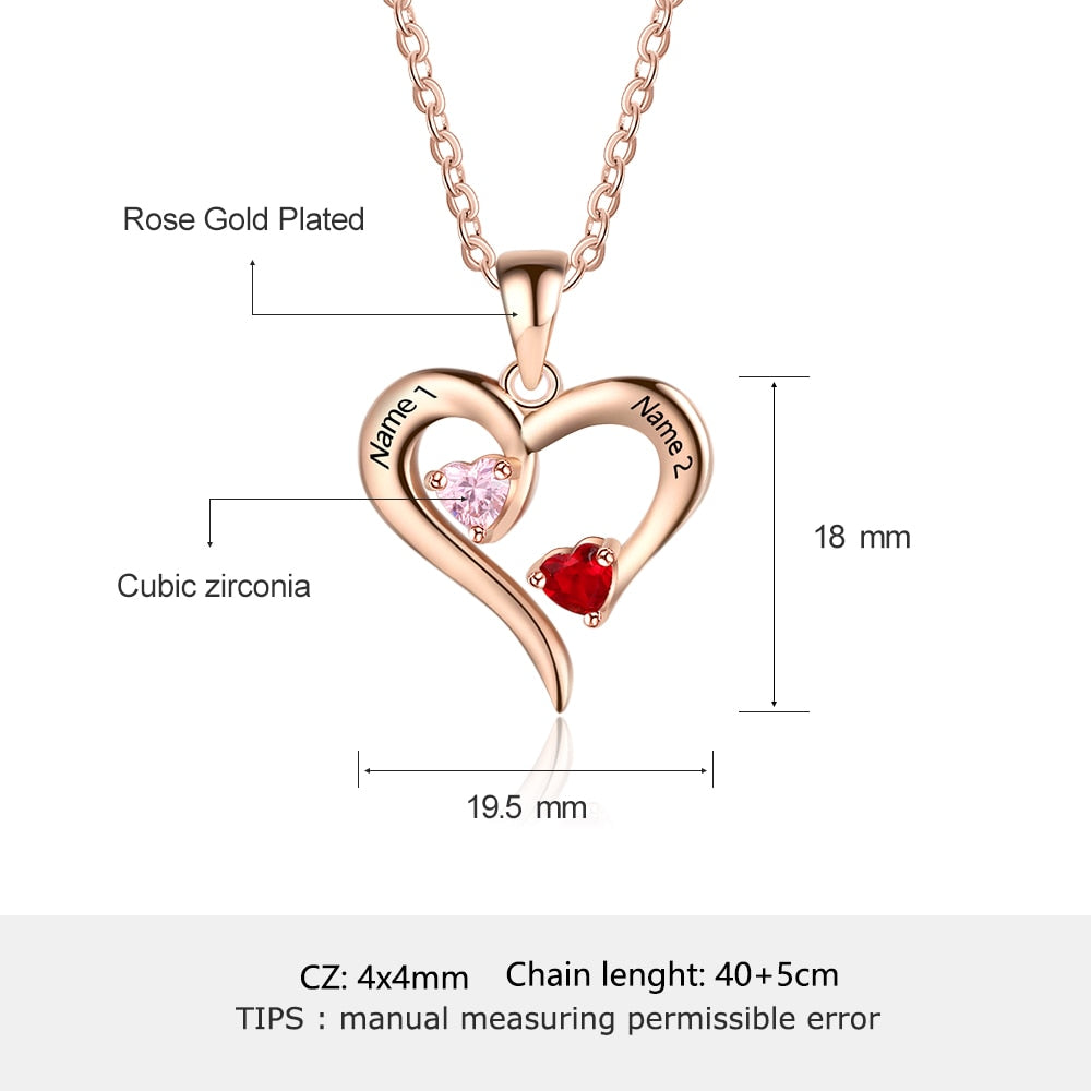 925 Sterling Silver Heart Necklace with 2 Birthstones Custom Engrave Name Pendant - MERGE.DAY.1.FREESTYLE