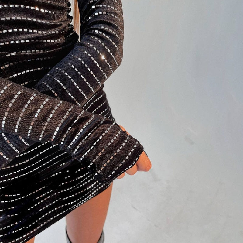 Sequins Long Sleeve Turtleneck Bodycon Slim Sexy Mini Dress Party Club Y2K - MERGE.DAY.1.FREESTYLE