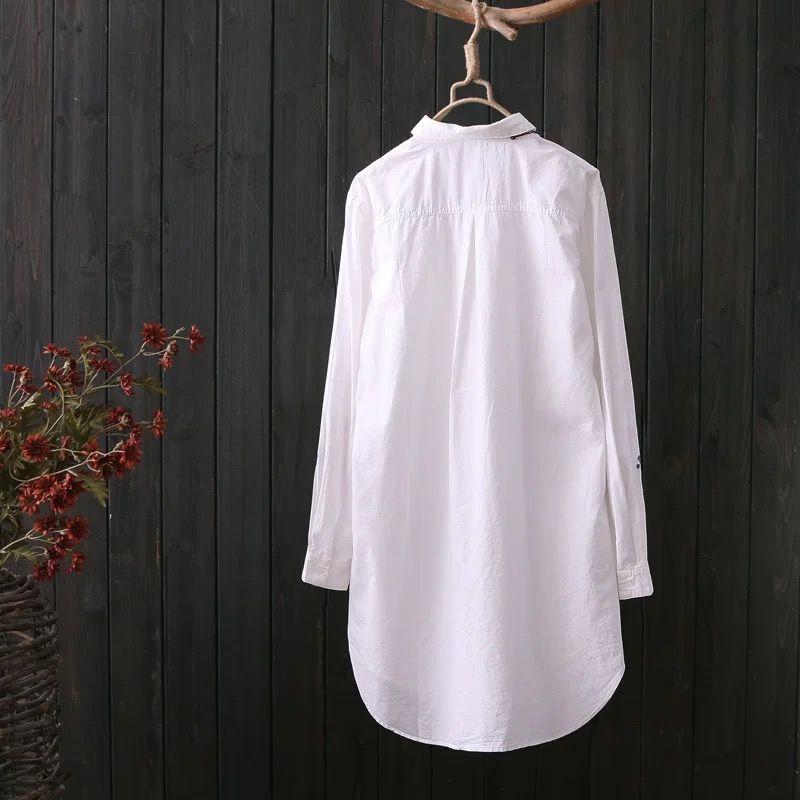 White Shirt Casual Wear Button Up Turn Down Collar Long Sleeve Cotton Blouse Embroidery - MERGE.DAY.1.FREESTYLE