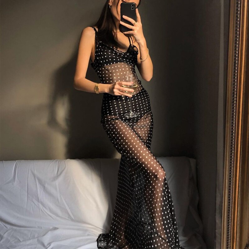 Sleeveless Zip Up Bandage Point Print Mesh See-Through Maxi Dress Sexy Clothings - MERGE.DAY.1.FREESTYLE