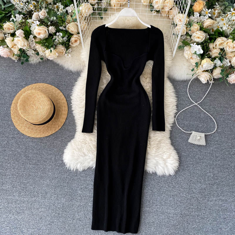 Strapless Ribbed Knitted Bodycon Dress Women Winter Long Sleeve Midi Sweater Dress - MERGE.DAY.1.FREESTYLE