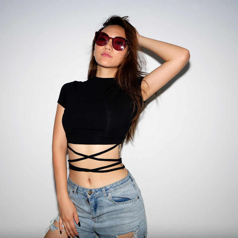 Summer Women Black Short T-Shirts Sexy Crop Tops Short Sleeve Bandage Tee Tops Female Shirts - MERGE.DAY.1.FREESTYLE