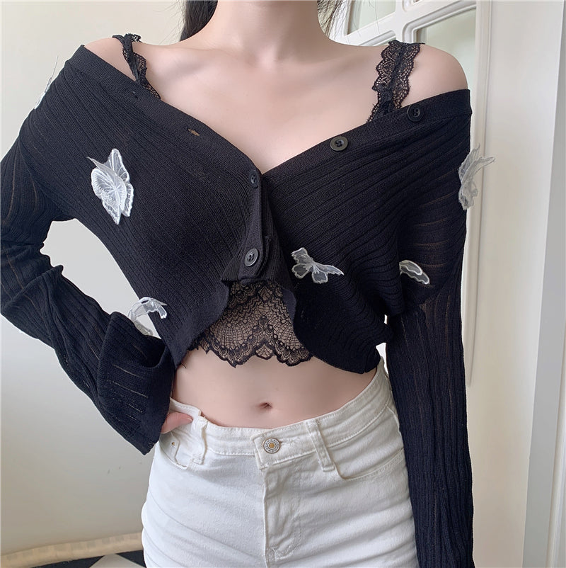 Butterfly Knit Cardigans Women V-Neck Crop Tops Ladies Summer Thin Long Sleeved - MERGE.DAY.1.FREESTYLE