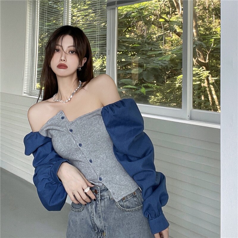 Patchwork Denim Shirts Women French Square Collar Puff Blouses Long Sleeve Crop Tops - MERGE.DAY.1.FREESTYLE