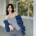 Patchwork Denim Shirts Women French Square Collar Puff Blouses Long Sleeve Crop Tops - MERGE.DAY.1.FREESTYLE