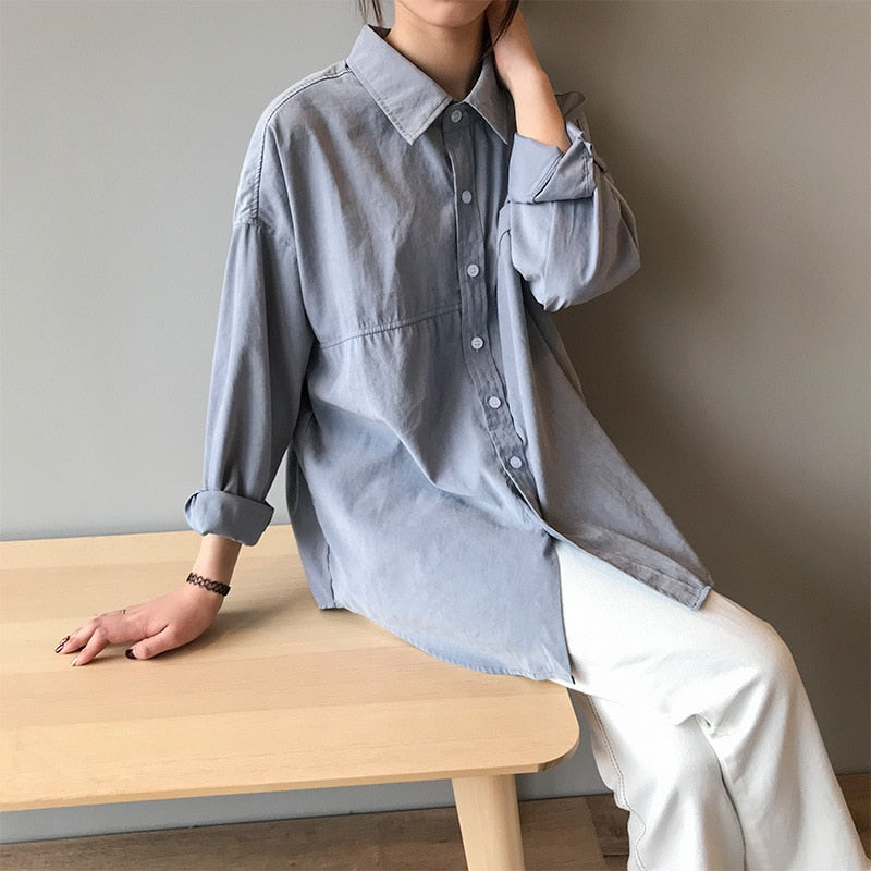 Loose Turn-down Collar Solid Female Shirts Tops Spring Summer Blouses - MERGE.DAY.1.FREESTYLE