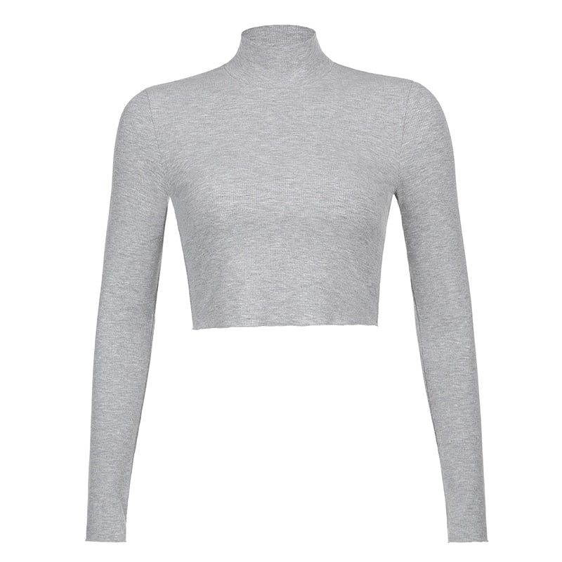 Solid Turtleneck Cropped T Shirt Women Autumn Casual Long Sleeve Ladies Skinny Basic - MERGE.DAY.1.FREESTYLE