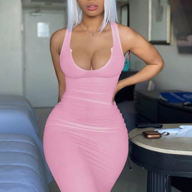 Ribbed Knitted Stripe Women Pure Sleeveless Midi Dress V Neck Bodycon Elegant 2022 Summer - MERGE.DAY.1.FREESTYLE