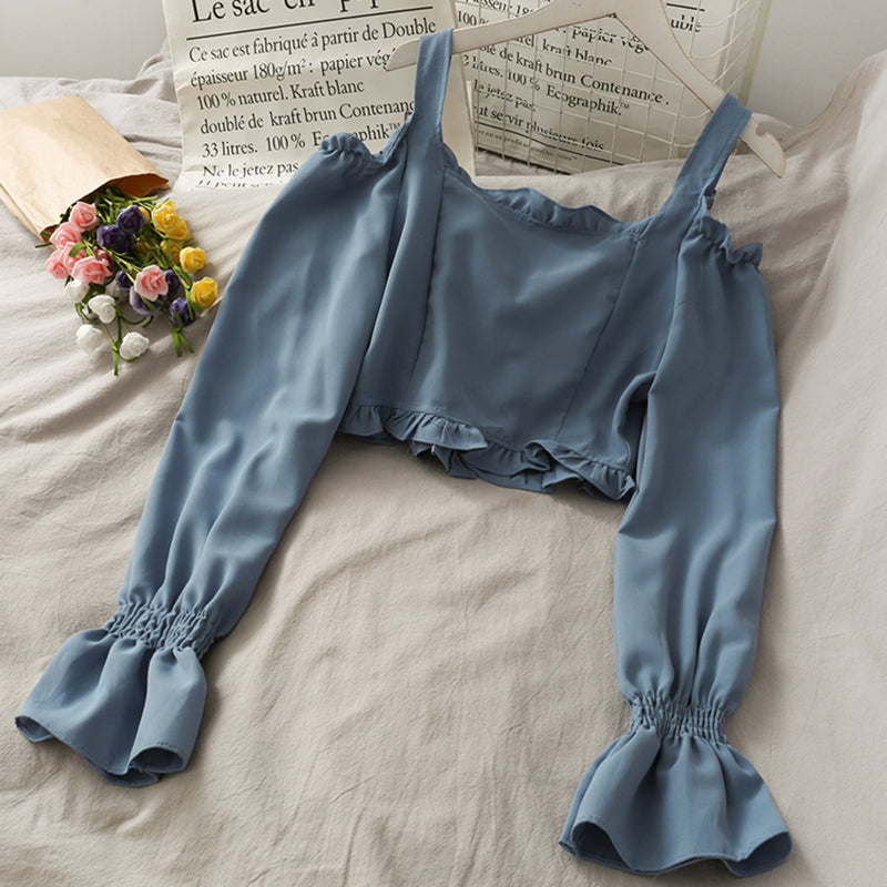 French Bandage Off Shoulder Ruffle Top Female Elegant Long Sleeve Shirt Y2k - MERGE.DAY.1.FREESTYLE