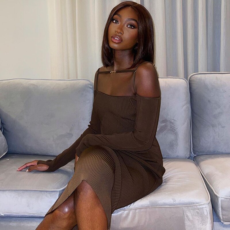 ibbed Solid Slash Neck Slip Long Sleeves Bodycon Mini Dress Streetwear Y2K - MERGE.DAY.1.FREESTYLE