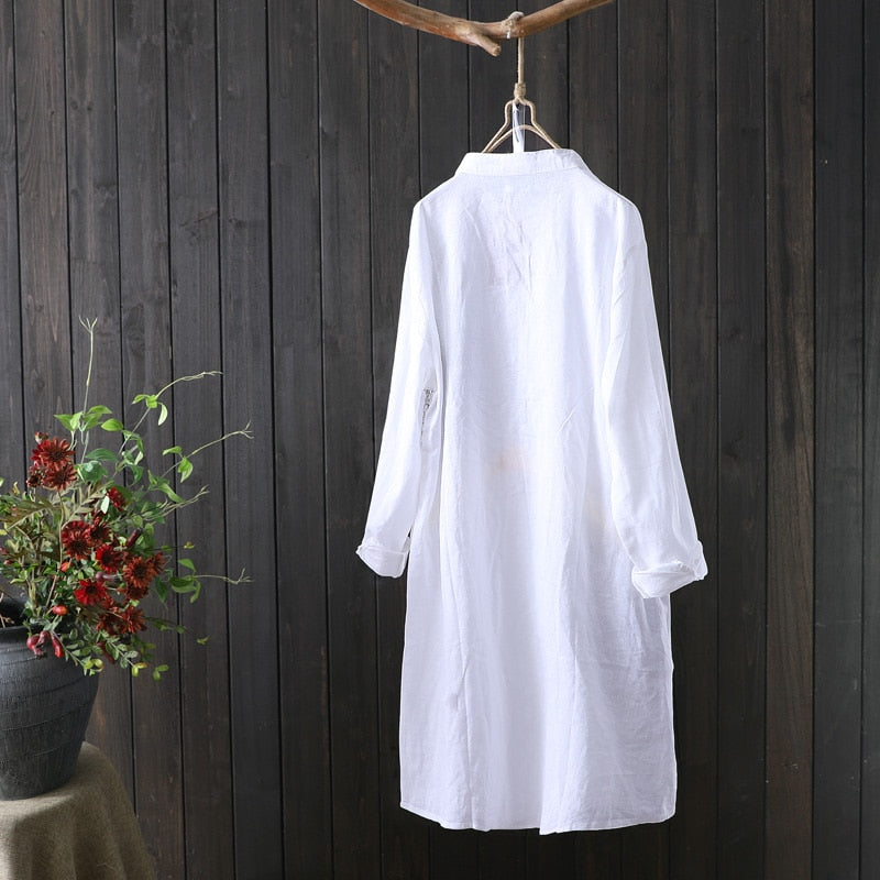Cotton Shirt Long Sleeve Embroidery Blouse Stand Collar Loose Long Top Office Lady Casual Wear - MERGE.DAY.1.FREESTYLE