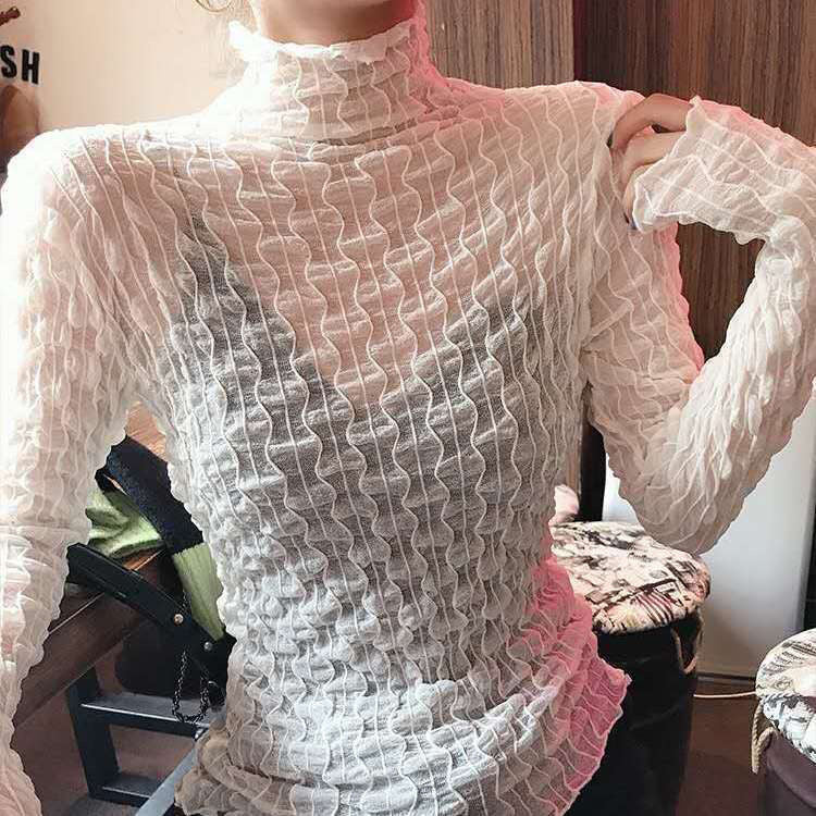 Women Lace Mesh High Collar Bottom T-shirts Female Long Sleeve Casual Style Tight Thin Tops - MERGE.DAY.1.FREESTYLE