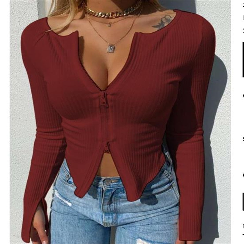 Women T-shirt Ribbed Knitted Long Sleeve Crop Tops Zipper Tee Female Slim - MERGE.DAY.1.FREESTYLE