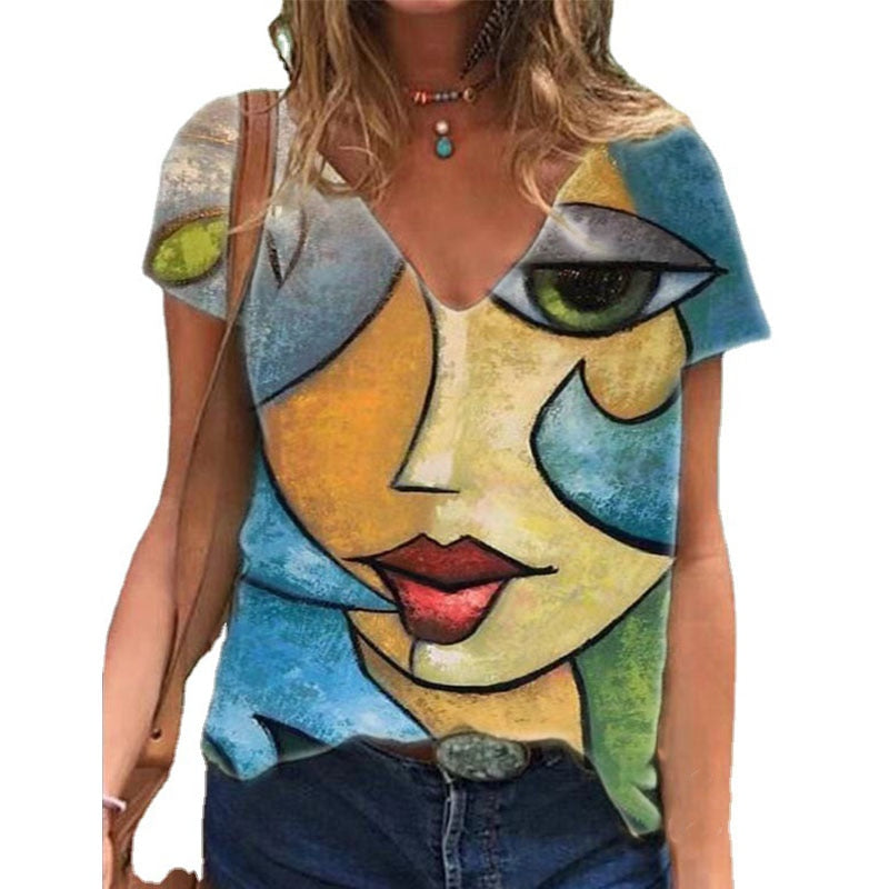 V Neck Tshirt Women's Summer Print Shirt Tops Loose Female Tee Streetwear Short Sleeve Clothes - MERGE.DAY.1.FREESTYLE