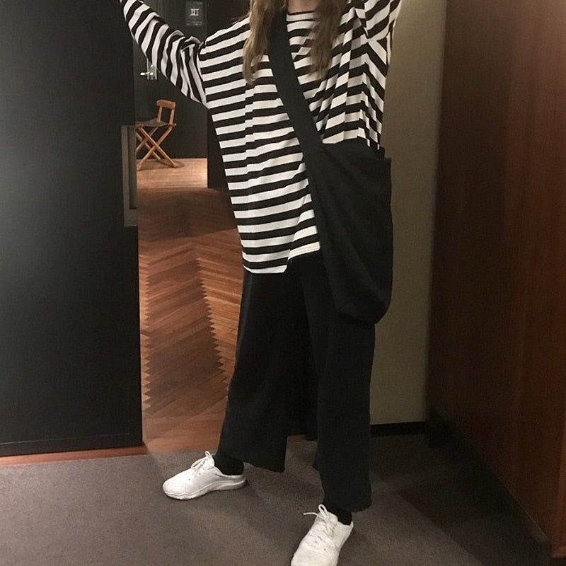 Women harajuku Striped Tshirt Long Sleeve O-Neck T-Shirts Casual oversized T Shirt - MERGE.DAY.1.FREESTYLE