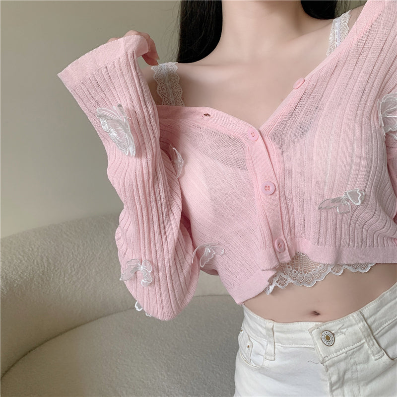 Butterfly Knit Cardigans Women V-Neck Crop Tops Ladies Summer Thin Long Sleeved - MERGE.DAY.1.FREESTYLE