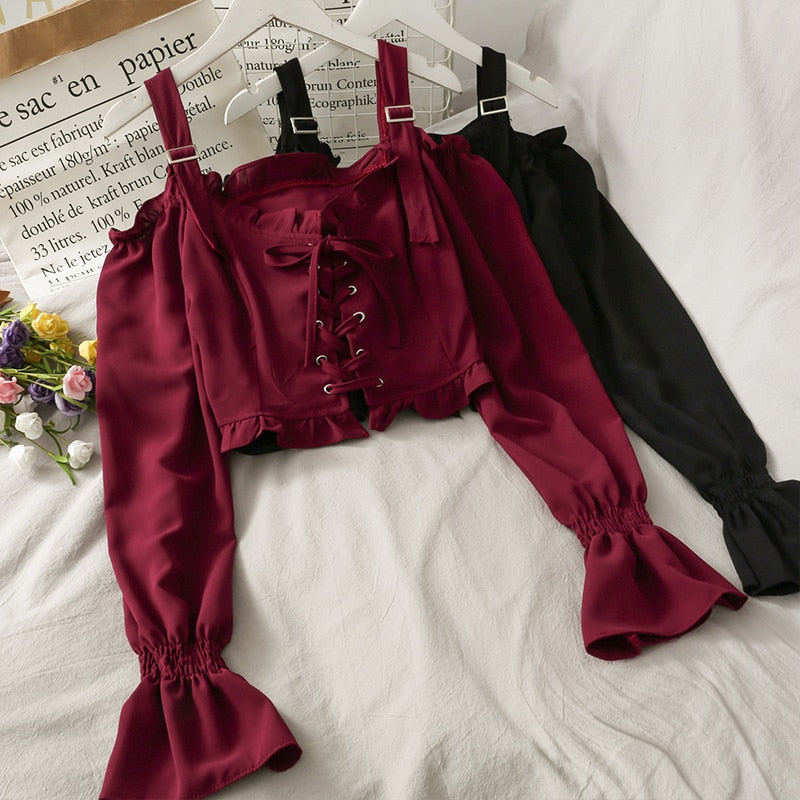 French Bandage Off Shoulder Ruffle Top Female Elegant Long Sleeve Shirt Y2k - MERGE.DAY.1.FREESTYLE