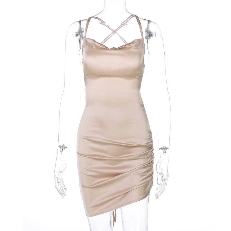 Satin Women Strap Mini Dress Ruched Lace Up Cross Bandage Backless Bodycon Sexy Party Elegant - MERGE.DAY.1.FREESTYLE