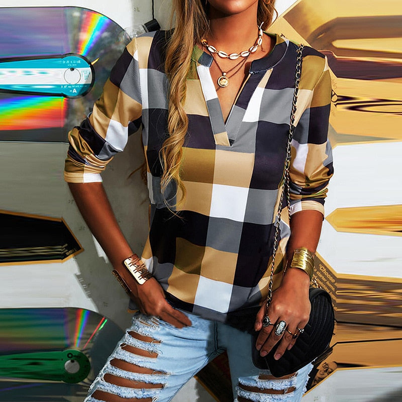 T-shirt Plaid Printed V-neck Long Sleeve Top Casual Loose Large Size Ladies T-shirt - MERGE.DAY.1.FREESTYLE