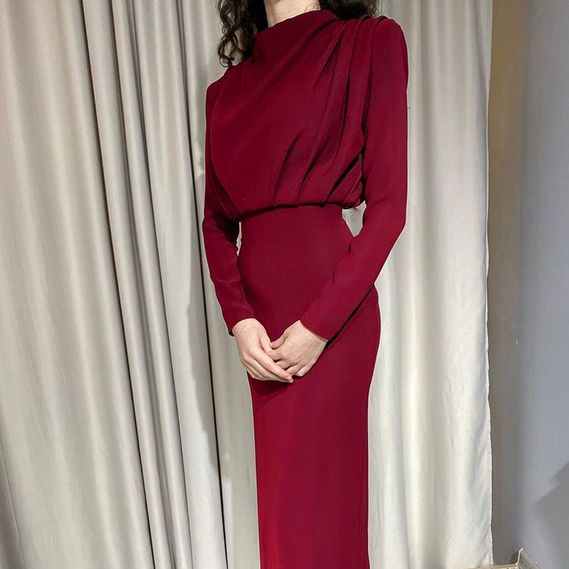Elegant Women Dress Stand Collar Slim Waist Solid Ankle Length Autumn Long Sleeve Dress - MERGE.DAY.1.FREESTYLE