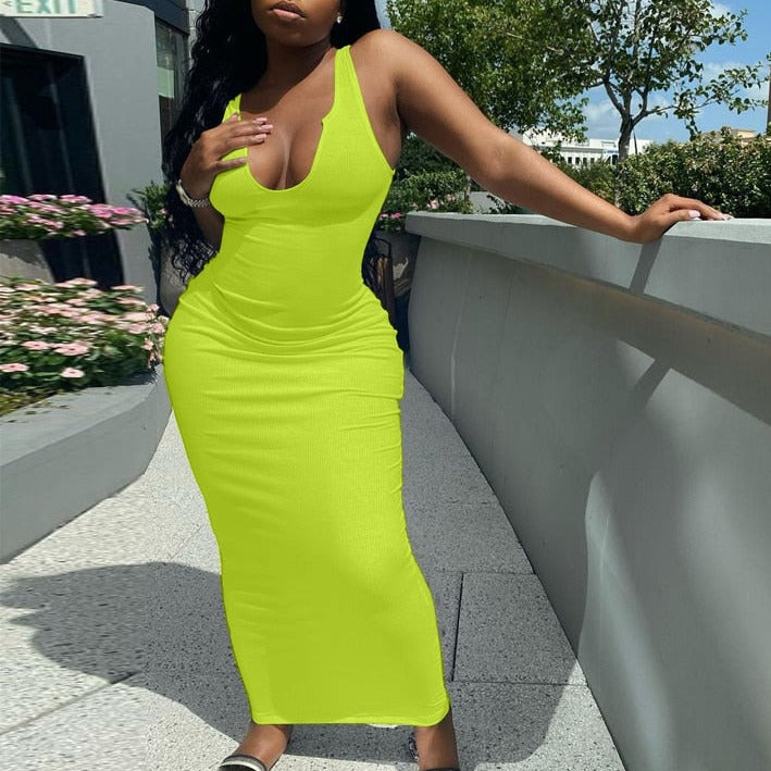 Ribbed Knitted Stripe Women Pure Sleeveless Midi Dress V Neck Bodycon Elegant 2022 Summer - MERGE.DAY.1.FREESTYLE