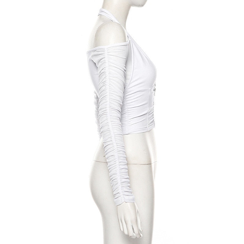 Mesh Shirt Women Tshirt Top Autumn Halter V-neck Off the Shoulder T-shirts Streetwear Top - MERGE.DAY.1.FREESTYLE