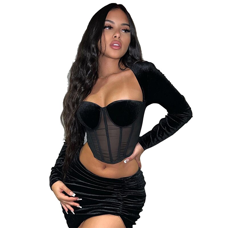 Velvet Mesh Long Sleeve Corset Out Crop Top Ruched Mini Dress 2 Pcs Set Bodycon - MERGE.DAY.1.FREESTYLE
