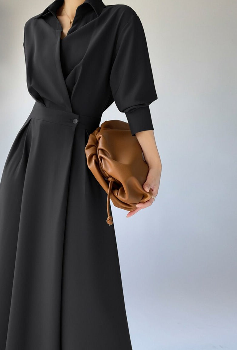 Turn-down Collar Women A-line Dress Long Sleeve Slim Waist Vestidos - MERGE.DAY.1.FREESTYLE