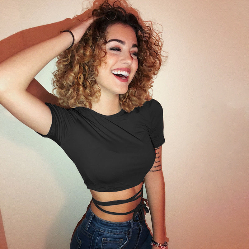 Summer Women Black Short T-Shirts Sexy Crop Tops Short Sleeve Bandage Tee Tops Female Shirts - MERGE.DAY.1.FREESTYLE